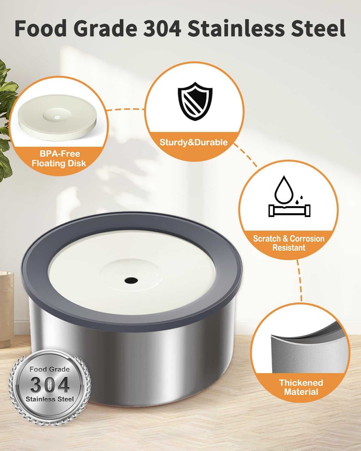 No Spill Water Bowl for Dogs, 2L Large Stainless Steel Slow Drinking Water Dish Dispenser, Fits into Elevated Pet Feeder, Spilling Drip & Splash Proof Slobber Stopper for Messy Drinkers