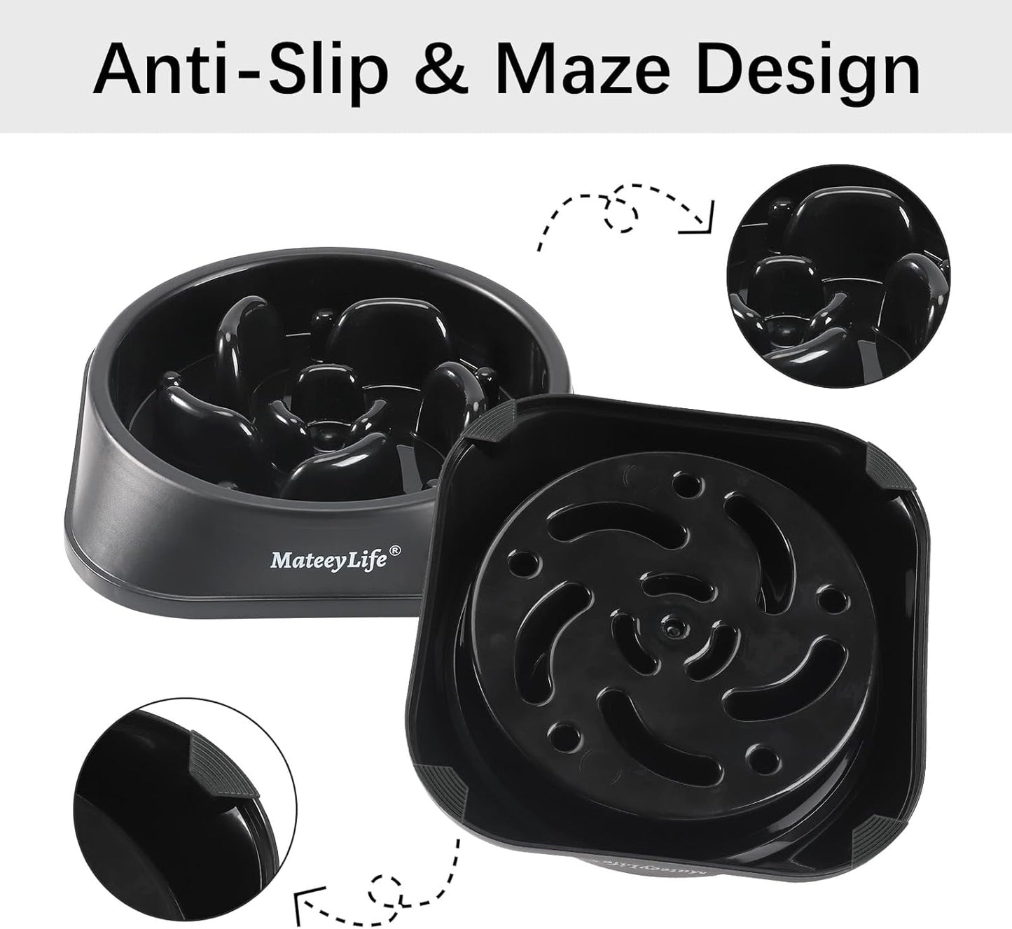 Basic Dog Bowls, Anti-Choking Puzzle Interactive Slow Feeder Dog Bowl to Slow down Eating for Small and Medium Dogs, Black 2 Cups(7.8 In)