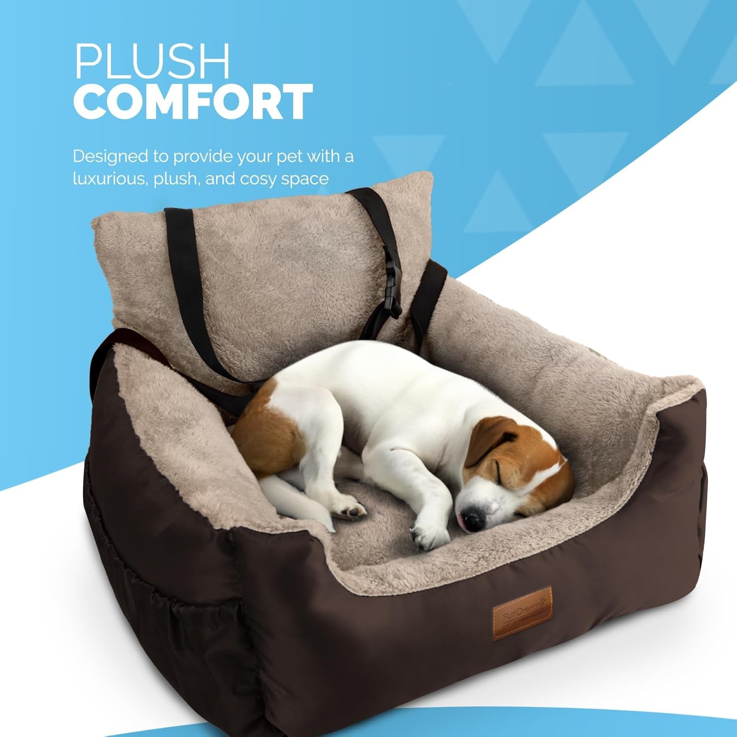 Dog Car Seat (Brown/Beige - 20Kg), Plush & Cosy Pet Car Booster Seat for Small Dogs & Cats with Storage Pocket, Car Dog Bed with Safety Leash, Waterproof Liner & Non-Slip Base,Dog Travel Bed
