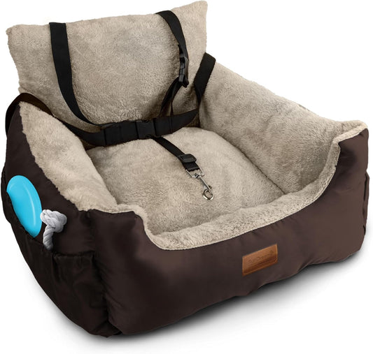 Dog Car Seat (Brown/Beige - 20Kg), Plush & Cosy Pet Car Booster Seat for Small Dogs & Cats with Storage Pocket, Car Dog Bed with Safety Leash, Waterproof Liner & Non-Slip Base,Dog Travel Bed