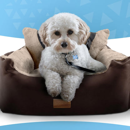 Dog Car Seat (Brown/Beige - 20Kg), Plush & Cosy Pet Car Booster Seat for Small Dogs & Cats with Storage Pocket, Car Dog Bed with Safety Leash, Waterproof Liner & Non-Slip Base,Dog Travel Bed