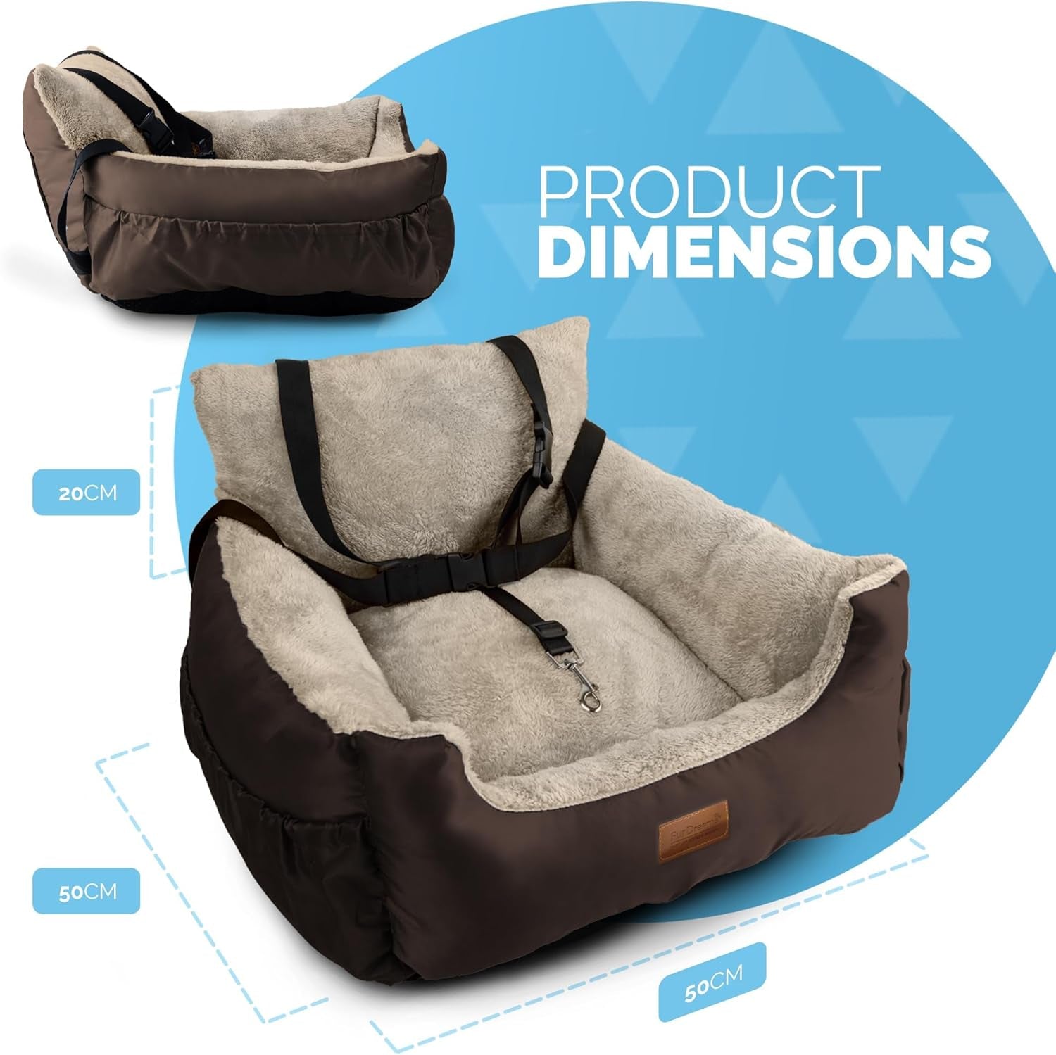 Dog Car Seat (Brown/Beige - 20Kg), Plush & Cosy Pet Car Booster Seat for Small Dogs & Cats with Storage Pocket, Car Dog Bed with Safety Leash, Waterproof Liner & Non-Slip Base,Dog Travel Bed