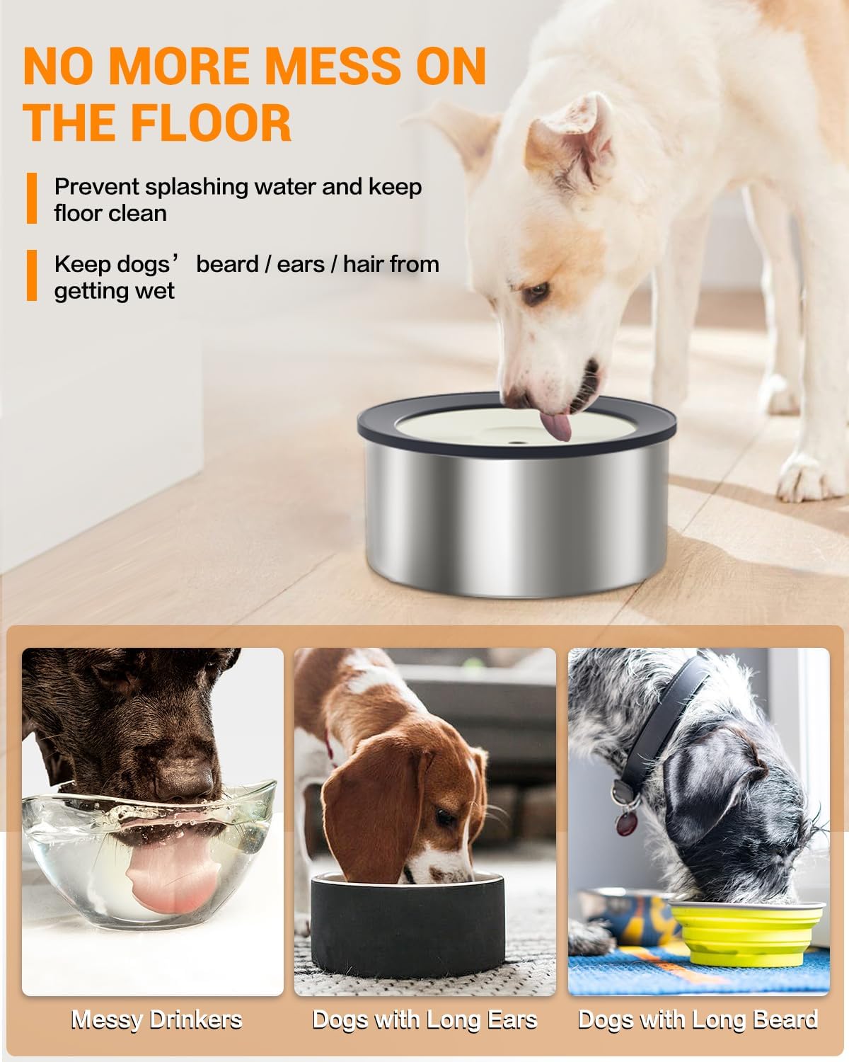 No Spill Water Bowl for Dogs, 2L Large Stainless Steel Slow Drinking Water Dish Dispenser, Fits into Elevated Pet Feeder, Spilling Drip & Splash Proof Slobber Stopper for Messy Drinkers