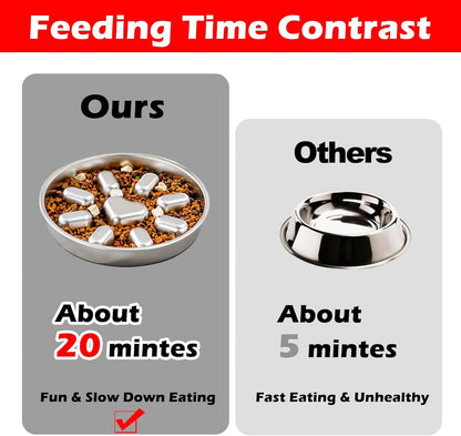Stainless Steel Non Slip Slow Feeder Dog Bowl Metal Dog Food Bowls for Medium and Large Dogs, Fun Bloat Stop Pet Bowl Dog Water Bowl for Fast Eaters Slows down Pets Eating