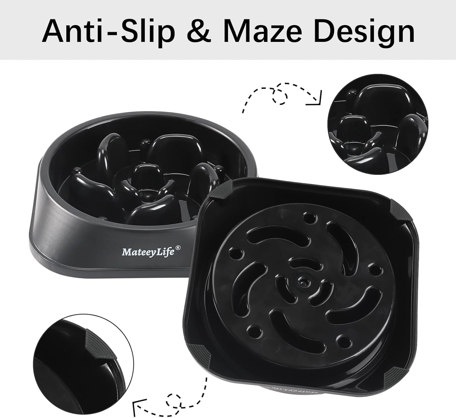 Basic Dog Bowls, Anti-Choking Puzzle Interactive Slow Feeder Dog Bowl to Slow down Eating for Small and Medium Dogs, Black 2 Cups(7.8 In)
