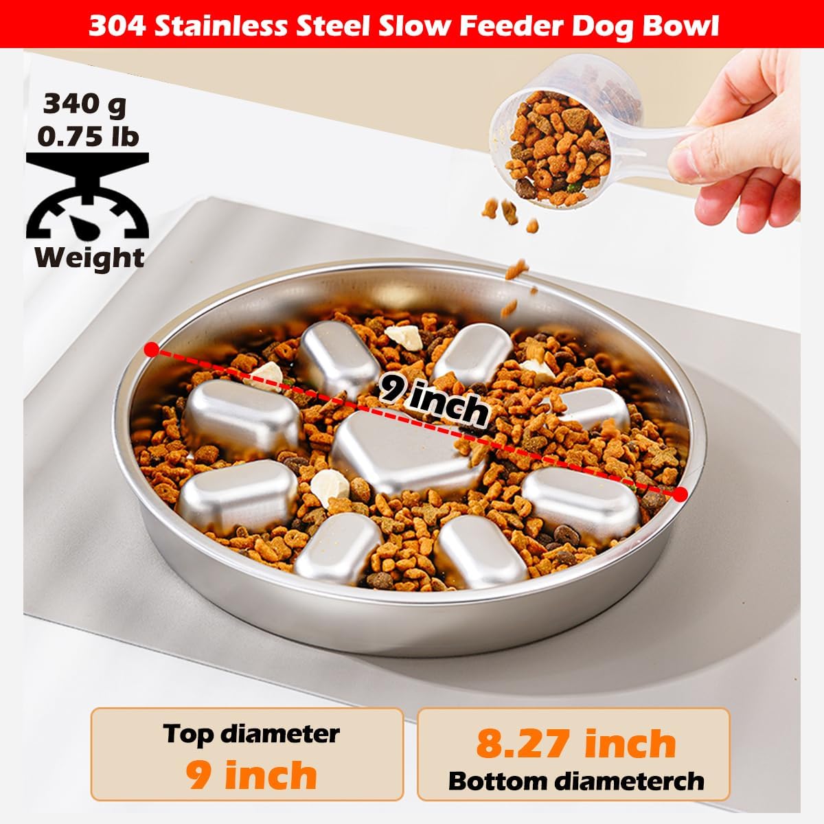 Stainless Steel Non Slip Slow Feeder Dog Bowl Metal Dog Food Bowls for Medium and Large Dogs, Fun Bloat Stop Pet Bowl Dog Water Bowl for Fast Eaters Slows down Pets Eating