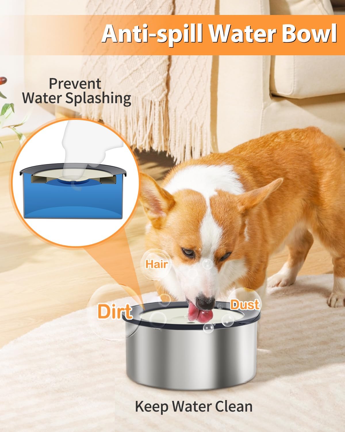 No Spill Water Bowl for Dogs, 2L Large Stainless Steel Slow Drinking Water Dish Dispenser, Fits into Elevated Pet Feeder, Spilling Drip & Splash Proof Slobber Stopper for Messy Drinkers
