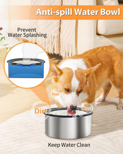 No Spill Water Bowl for Dogs, 2L Large Stainless Steel Slow Drinking Water Dish Dispenser, Fits into Elevated Pet Feeder, Spilling Drip & Splash Proof Slobber Stopper for Messy Drinkers