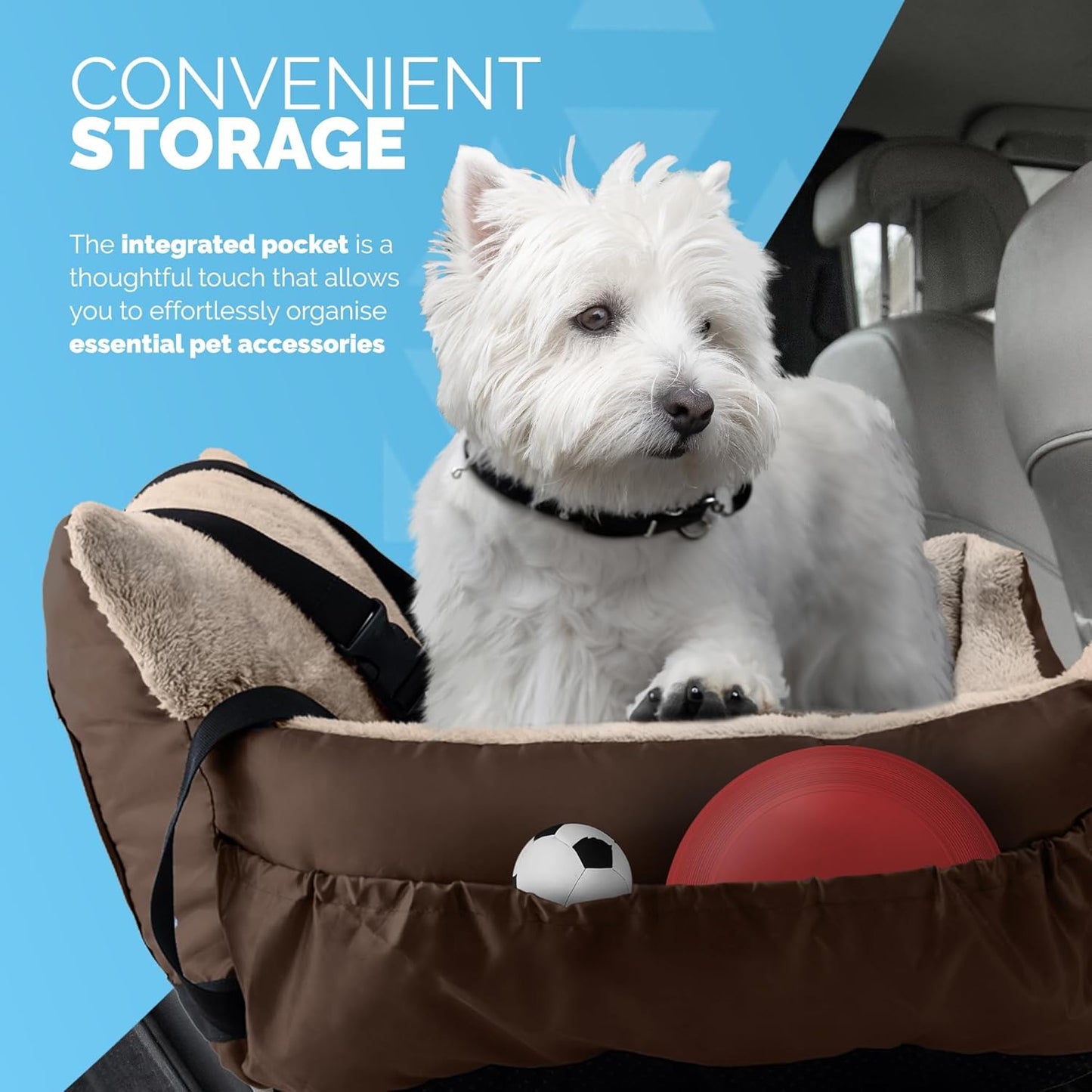 Dog Car Seat (Brown/Beige - 20Kg), Plush & Cosy Pet Car Booster Seat for Small Dogs & Cats with Storage Pocket, Car Dog Bed with Safety Leash, Waterproof Liner & Non-Slip Base,Dog Travel Bed