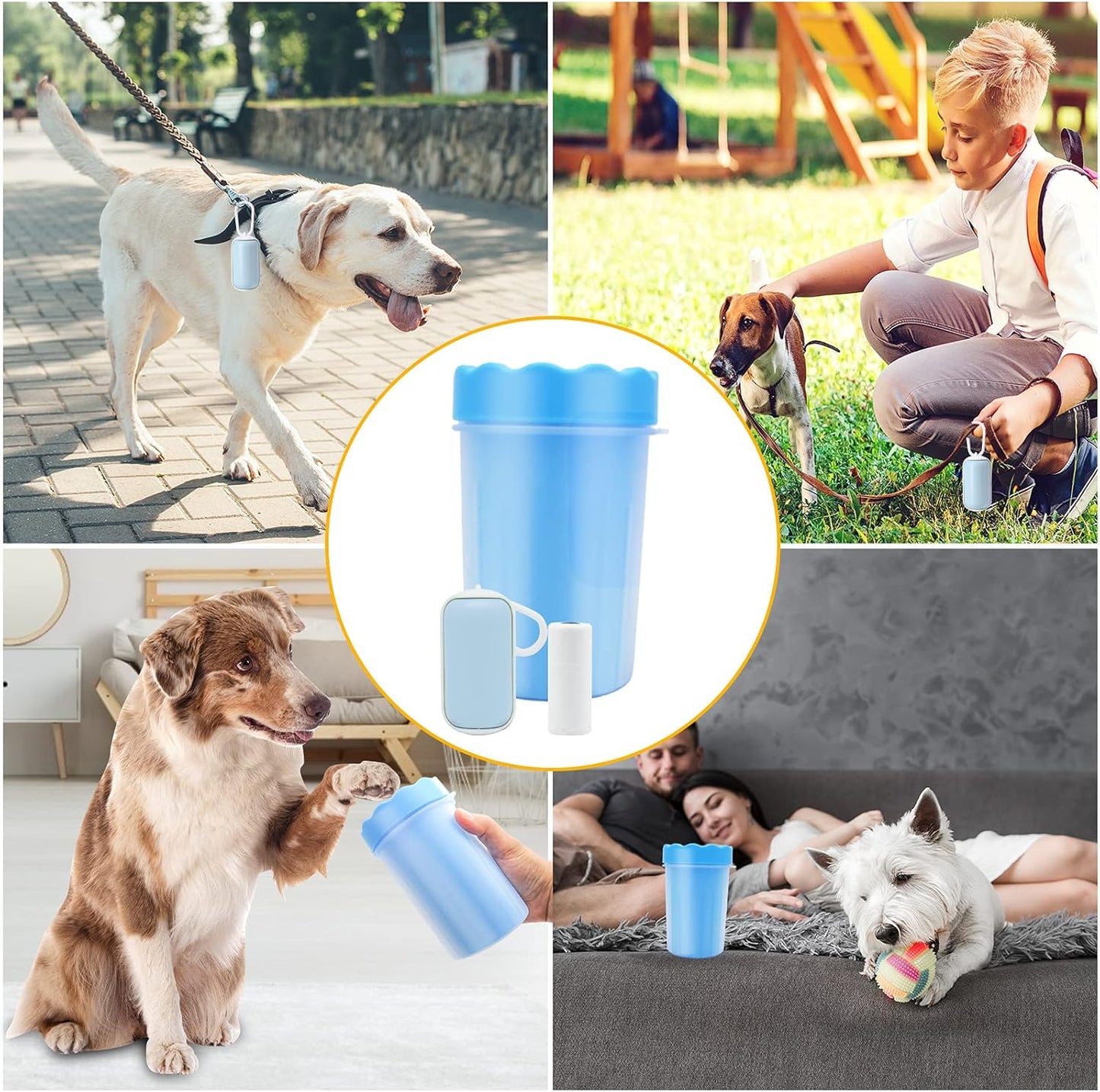 Dog Paw Cleaner, Paw Cleaner Cup with Dog Poo Bags Leash Dispenser, Dog Paw Washer, Pet Paw Cleaner with Waste Bags, Pet Cleaner, Perfect for Removing Dirts after Daily Walk (Small, Blue)